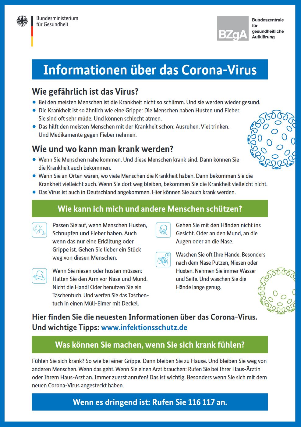 Bild vergrößern (Bild: Plakat: Informationen über das Coronavirus (Leichte Sprache))